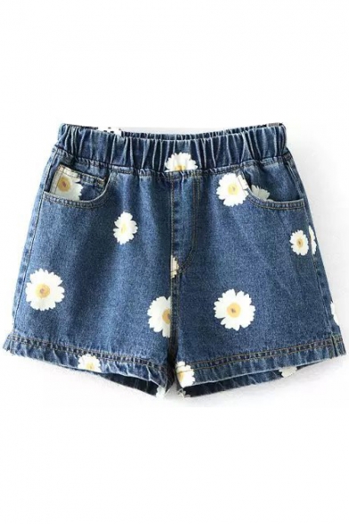 Blue Background Daisy Print Denim Loose Shorts