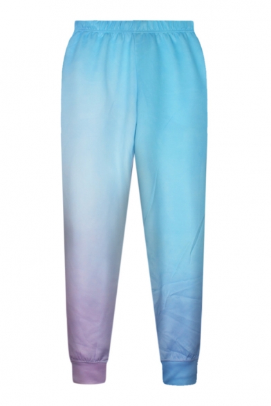 Blue Ombre Floral Print Elastic Waist Pants