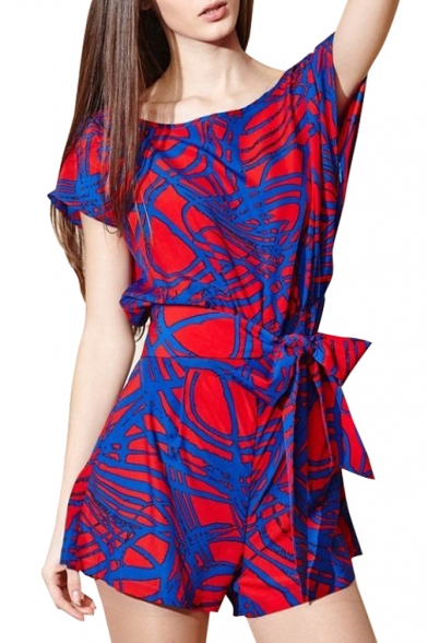 Red Abstract Print Short Sleeve Drawstring Waist Rompers