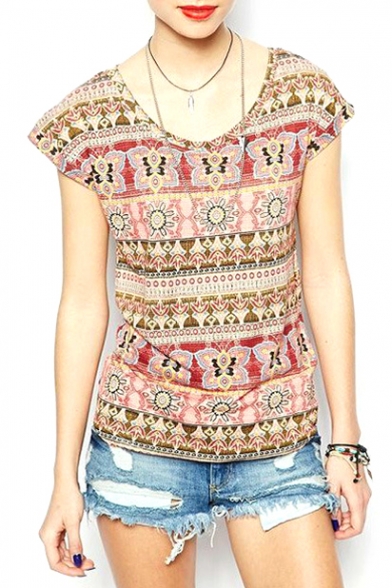 Tribal Print Cap Sleeve Fitted T-Shirt