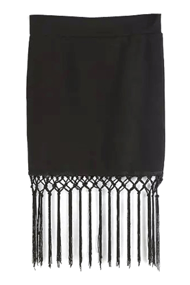 Black Elastic Waist Knit Tassel Skirt