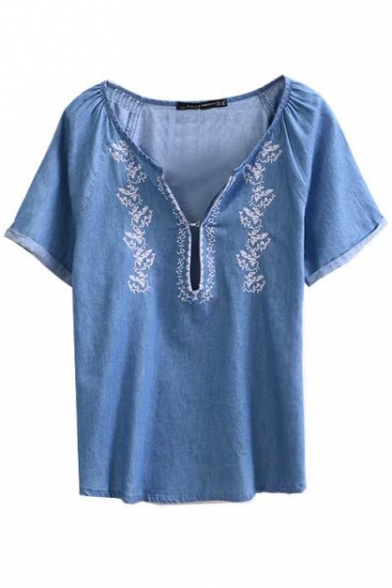 Blue Embroidered V-Neck Short Sleeve Denim Blouse - Beautifulhalo.com