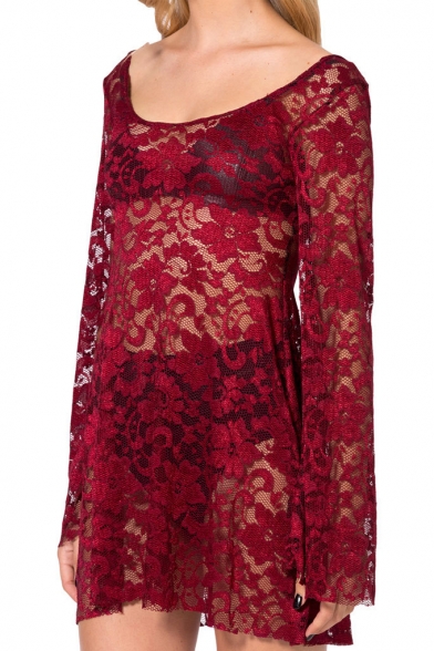 Burgundy Lace Hollow Flared Sleeve Cover-Up