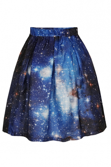 Blue Galaxy Print Flare A-Line Skirt