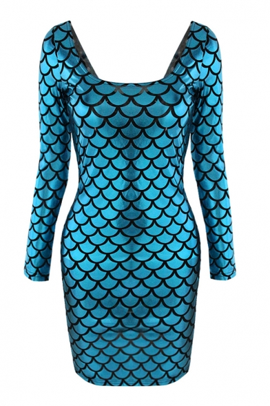 Blue Long Sleeve Square Neck Fish Print Bodycon Dress