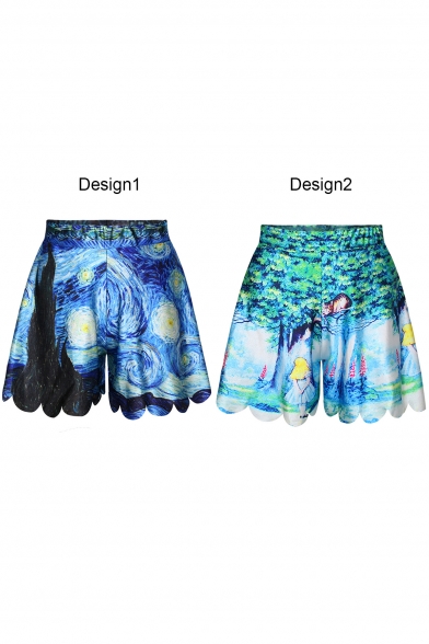 Cartoon and Painting Print Loose Casual Culottes