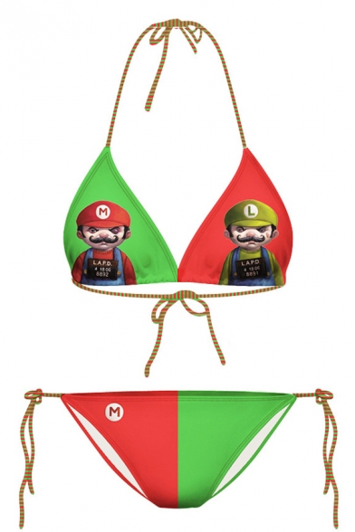Color Block Super Mario Print Halter Bikini Set