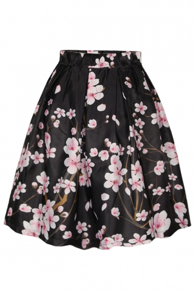 Black Peach Blossom Print A-Line Skirt