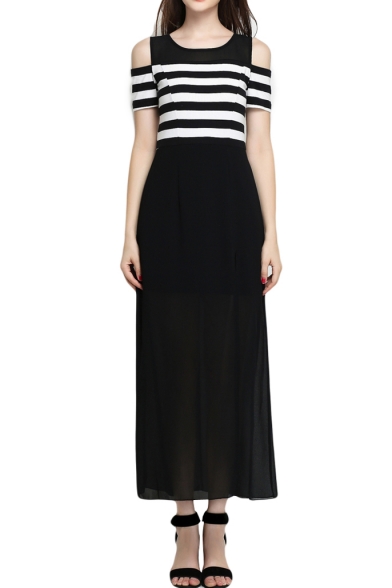 Black Cold Shoulder Stripe Top Chiffon High Waist Dress