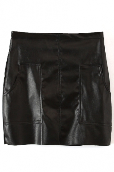 Black Double Pocket Zipper Fly PU Skirt