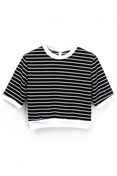 1/2 Sleeve Stripe Crop T-Shirt - Beautifulhalo.com