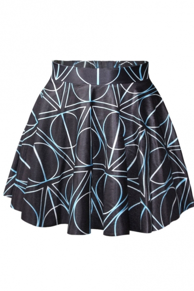 Black Background Geometry Print Skater Skirt