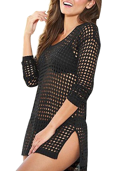 Black Round Neck Long Sleeve Hollow Cover-Up
