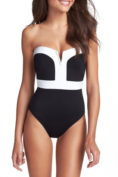 Color Block Bandeau Fitted One Piece Swimwear