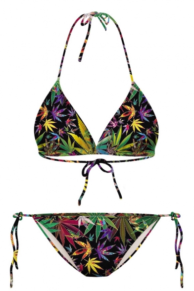 Tropical Leaf Print Halter with String Bikini Set