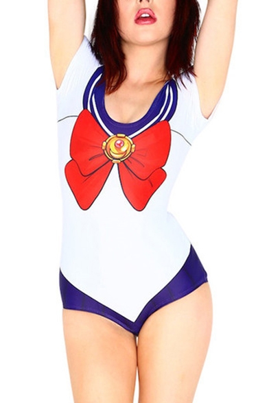 Lovely Uniform Print Short Sleeve One Piece Swimsuit