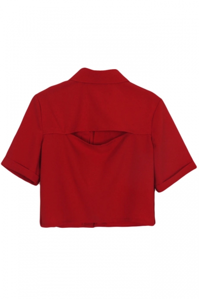 Plain Short Sleeve Lapel Pockets Crop Shirt