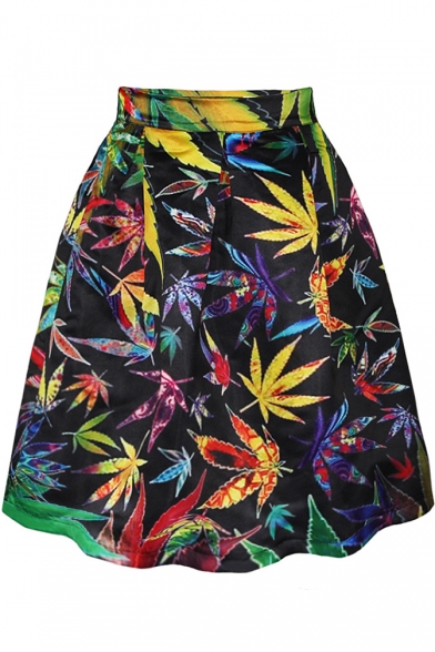 Summer Maple Print Tie Dye A-Line Skirt