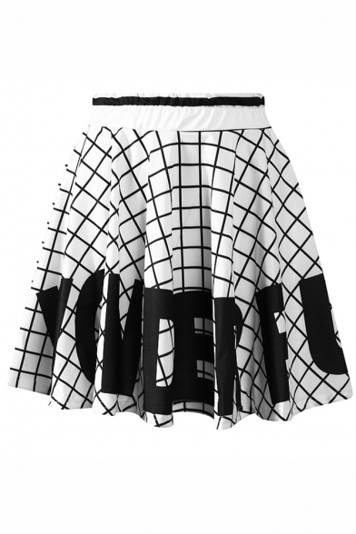 White High Waist A-line Plaid&Letters Skirt