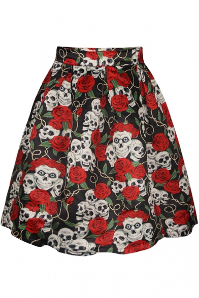 Rose and Skull Print Casual A-Line Skirt