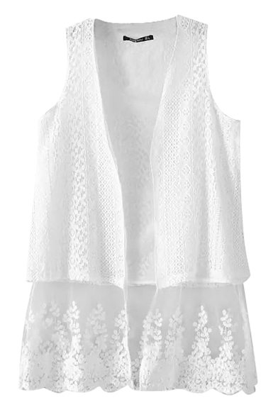 White Open Front Lace Hem Fitted Vest