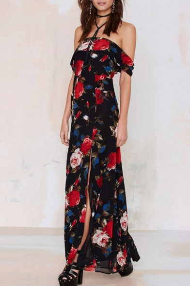 Black Rose Print Off The Shoulder Split Maxi Dress