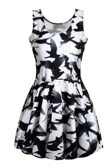 Black Sleeveless Ink Bird Print Scoop Neck Dress