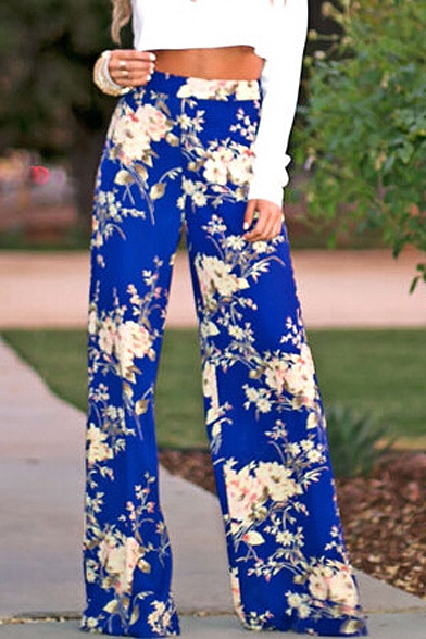 Blue Floral Print Wide Leg High Waist Pants - Beautifulhalo.com