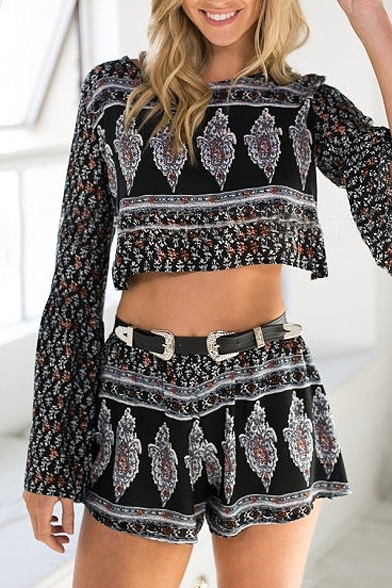 Ethnic Print Long Sleeve Open Back Top with Shorts