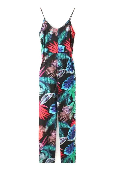 Floral Print Spaghetti Straps Open Back Jumpsuits