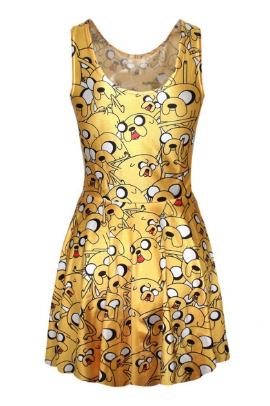 Yellow Sleeveless Emoji Expression Print Dress
