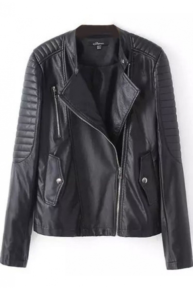 Black Plain Quilted Insert Notched Lapel Biker Jacket