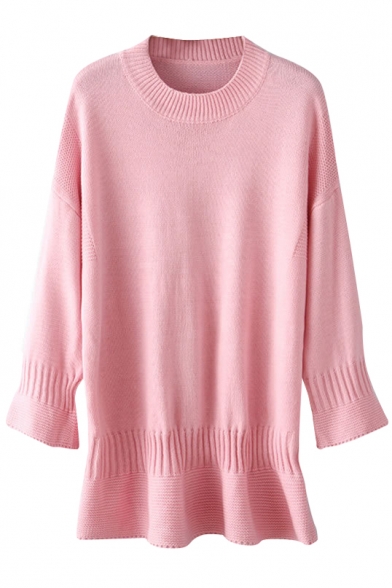 Pink Round Neck Long Sleeve Peplum Sweater