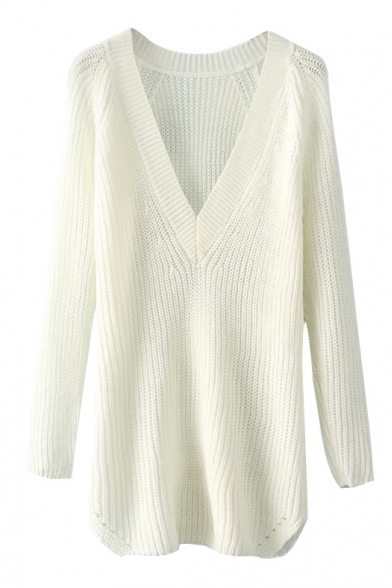 White V-Neck Long Sleeve Longline Sweater