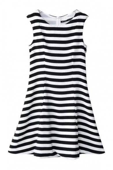 Sleeveless Stripe Print Zipper Back Ruffle Hem Dress - Beautifulhalo.com