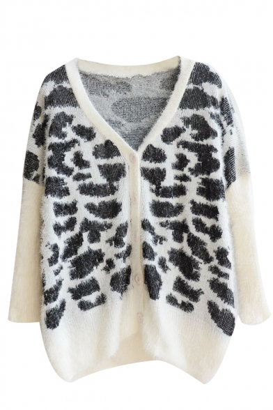 Tiger Pattern V-Neck Single-Breasted Long Sleeve Knit Cardigan