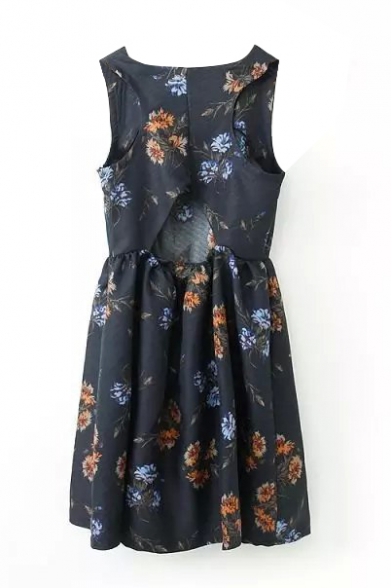 Black Sleeveless Cutout Back Floral Print Dress - Beautifulhalo.com