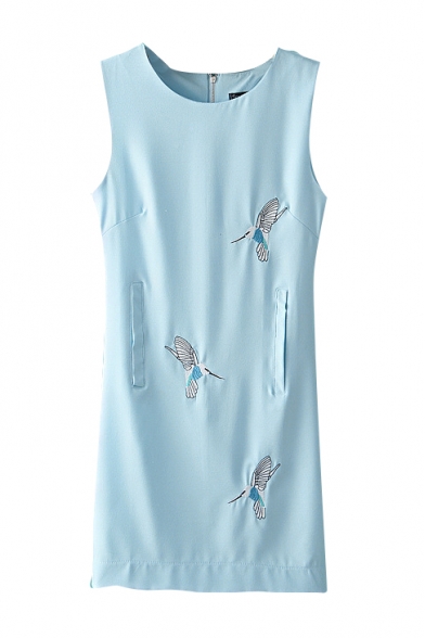 Blue Embroidered Bird Round Neck Sleeveless Dress