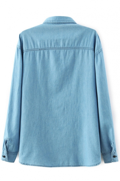 Plain Lapel Double Pocket Light Wash Denim Shirt - Beautifulhalo.com