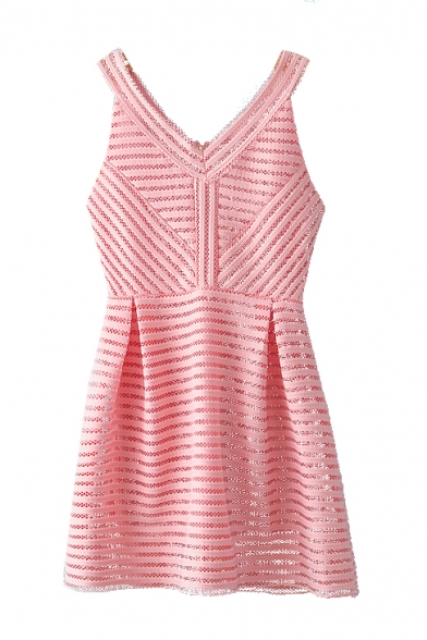 Plain Striped Cutout V-Neck Sleeveless Lace Dress - Beautifulhalo.com