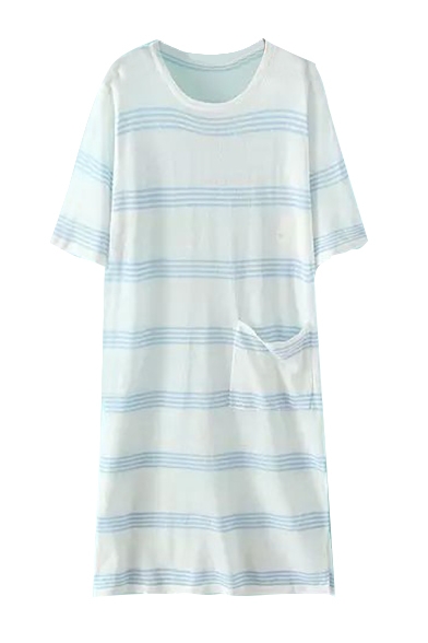 Short Sleeve Stripe Print Pocket Shift Dress