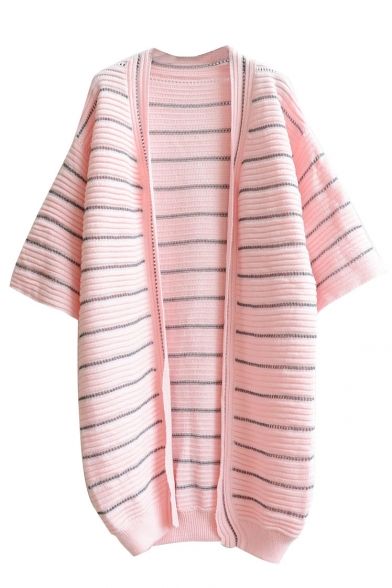 Stripe Open Front Batwing 3/4 Length Sleeve Tunic Cardigan