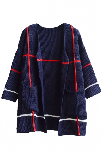 Colorblock Stripe Double Pocket Open Front Long Sleeve Knit Cardigan