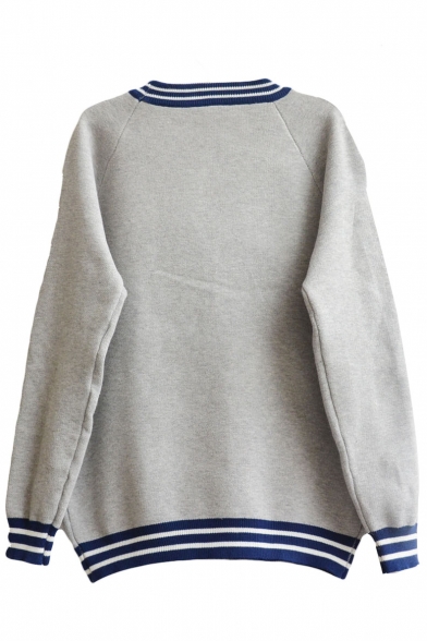 Gray Round Neck Raglan Sleeve Letter Jacquard Sweater - Beautifulhalo.com