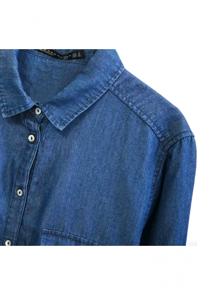 Plain Lapel Double Pocket Long Sleeve Denim Shirt - Beautifulhalo.com