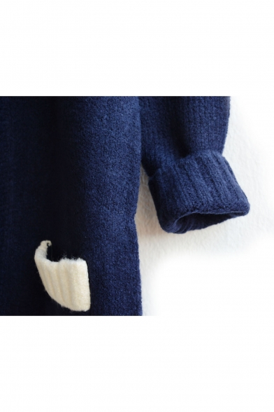 Plain V-Neck Colorblock Trim Open Front Double Pocket Long Sleeve Cardigan