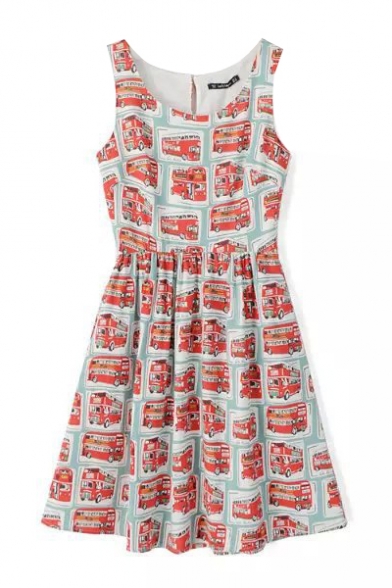 Sleeveless Round Neck Cartoon Bus Print Dress