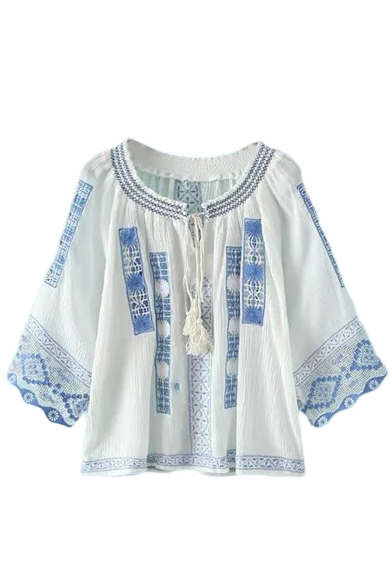 Tribal Embroidery Round Collar Tie Front 3/4 Length Sleeve Shirt