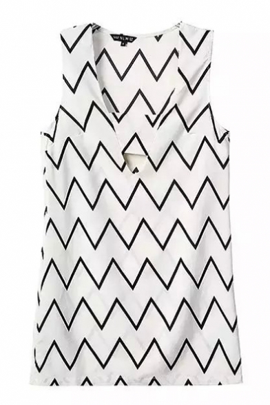 White Wave Print Cutout Sleeveless V-Neck Dress