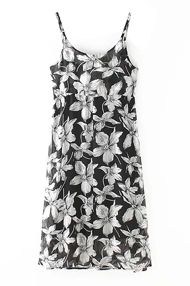 Black Background White Floral Print Cami Dress